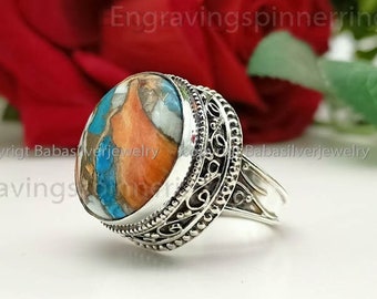 Anillo de ostra espinosa turquesa: hecho a mano en plata de ley 925, estilo vintage