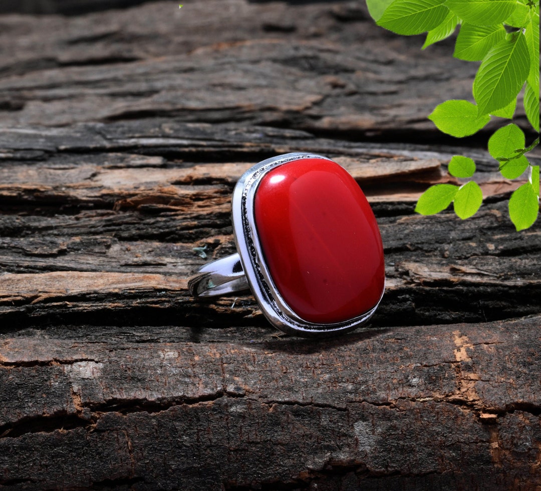 Floral Design Dyed Red Coral Ring