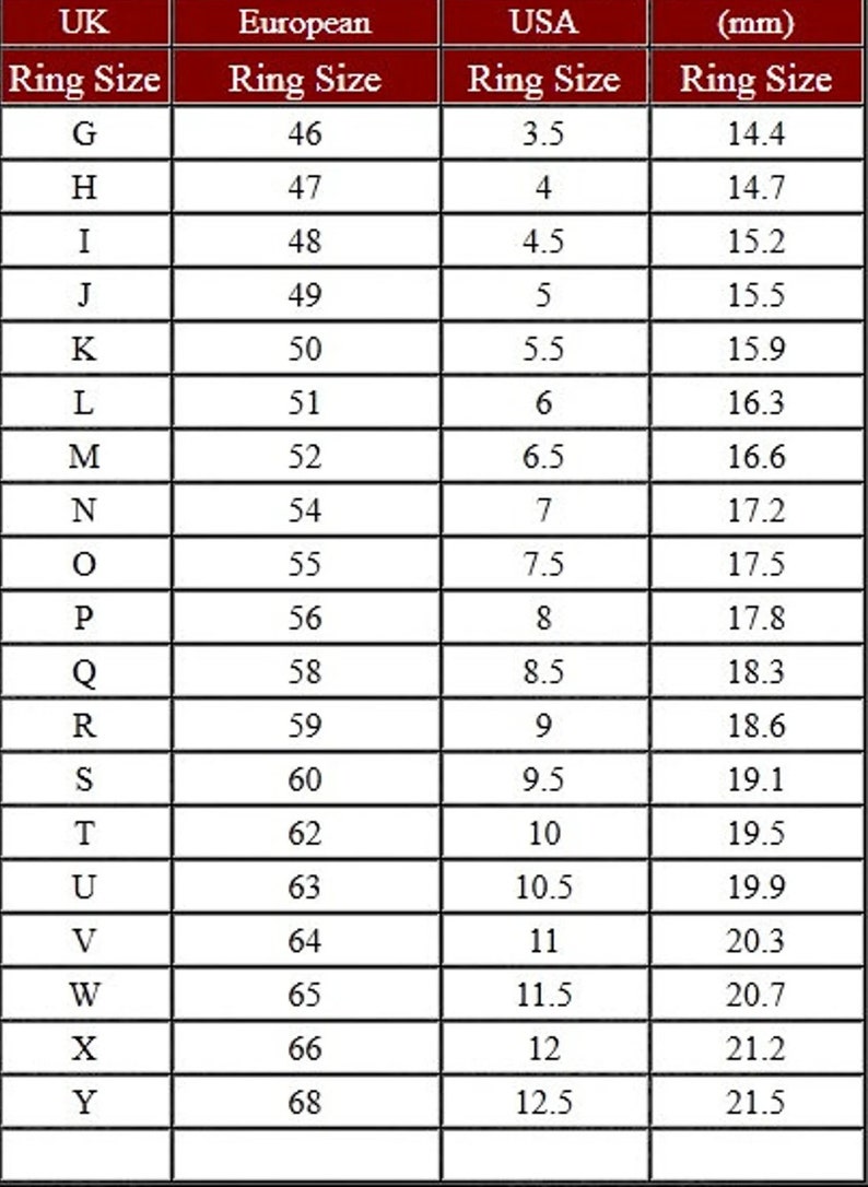 K&ouml;nnte beinhalten: Eine Tabelle, die die Ringgr&ouml;&szlig;en in Gro&szlig;britannien, Europa und den USA mit den entsprechenden Ma&szlig;en in Millimetern vergleicht. Die Tabelle listet die Ringgr&ouml;&szlig;en von G bis Y mit den entsprechenden Gr&ouml;&szlig;en in jedem System auf.