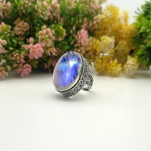 Rainbow Moonstone Ring: Handmade 925 Sterling Silver, Vintage Design