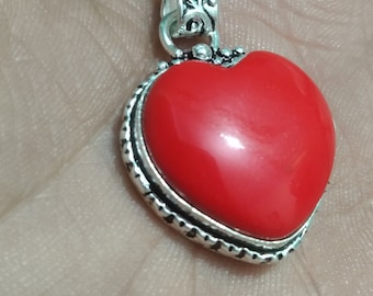 Red Coral Heart Pendant: Handmade 925 Sterling Silver Vintage Jewelry