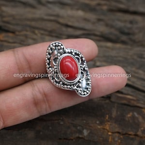 Handmade Red Coral Ring: Oval Gemstone, 925 Sterling Silver