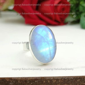 Oval Rainbow Moonstone Ring: 925 Sterling Silver Boho Ring