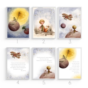 The Little Prince Painting, set, watercolor, art, illustration, poster, wall, nursery, canvas, print, quote, fox, cartoon, rose, portrait