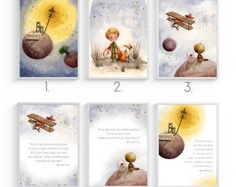 The Little Prince Painting, set, watercolor, art, illustration, poster, wall, nursery, canvas, print, quote, fox, cartoon, rose, portrait
