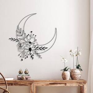 Flowers & Moon Wall Decor, Metal Wall Art, Moon Phase Boho Home Decor, Above Bed Decor, Floral Moon Birthday Gift for Her, Bedroom Wall Art