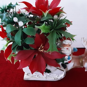 Vintage Christmas Ceramic Santa Claus Reindeer Sleigh Planter Figurine Japan