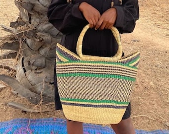 Sac de marché africain, Tissé à la main par Akatue , Sac de shopping et d’épicerie, Sac de plage, Panier de pique-nique, Panier U-Shopper, Panier Bolga, Tote ba