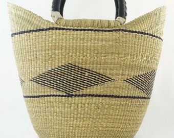 Brillante bolso de cesta de mercado tejido éticamente hecho a mano con asas de cuero, bolsa de compras y comestibles, bolsa de playa, cesta de picnic, cesta U-Shopper