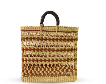 Bolsa de cesta de mercado tejida éticamente a mano con asas de cuero, bolsa de compras y comestibles africana, bolsa de playa, cesta de picnic, cesta U-Shopper