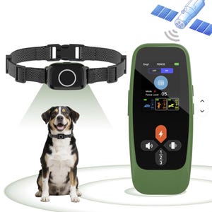 May include: A black dog collar with a matching control unit and a happy dog. The control unit is olive green with a digital display and buttons. A satellite graphic is in the background. The collar is designed for pet training.