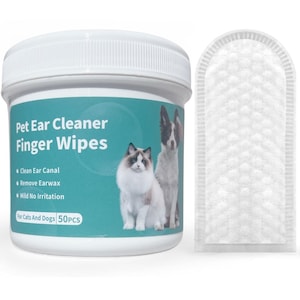 May include: A white plastic container with a blue label that says "Pet Ear Cleaner Finger Wipes". The label also lists the features: "Clean Ear Canal", "Remove Earwax", and "Mild No Irritation". The container is labeled "For Cats And Dogs 50PCS". A white ear cleaning wipe is shown next to the container.