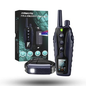 May include: A black and blue remote dog training collar system. The system includes a remote, a collar with a light, and a box with the words "Remote Training Collar". The remote has an LCD screen and several buttons.