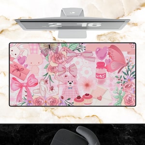Cute Pink Coquette Collage Desk Mats, Kawaii Y2k Room Decor, Gen Z Large Gamer Gaming Mouse Pad Desk Accessories, College Writing Desk Mat