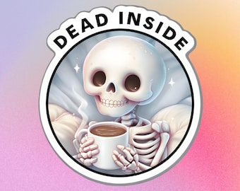 Dead Inside Coffee Skeleton Digital Sticker – Funny Goth PNG for Journals, Notebooks & More