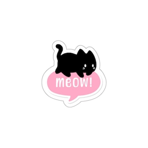Pegatinas troqueladas de gato de dibujos animados negros, lindas pegatinas, negras y rosas, MEOW, kawaii, gatos adorables, regalo para amantes de los animales, calcomanía para computadora portátil, impermeable