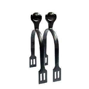 May include: A pair of black metal spurs with a rounded tip and a spur strap. The spurs have a simple design with two holes on the strap.