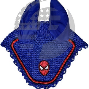 May include: Blue crochet horse fly bonnet with a red rope trim and a Spider-Man logo embroidered in the center. The bonnet has a satin lining and a row of clear rhinestones around the edge.