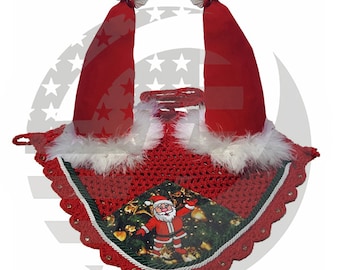 Santa Claus Horse Ear Bonnet Fly Veil Crochet Equestrian with Piping Full/COB/Pony