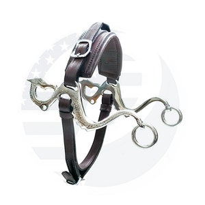 May include: A silver dragon bit horse bridle with a brown leather headstall. The bit has a dragon design and two rings on the side.
