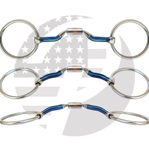 May include: Three horse bits displayed in different angles, each featuring silver-colored rings, blue-coated metal shanks, and a central copper-colored roller segment. The design includes a curved mouthpiece connecting the rings to the central roller.