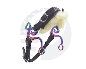 Rainbow Multi Color Hackamore Bitless Horse Bit English Western Brown Leather with Fur
