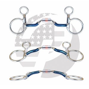 May include: A horse bit featuring a blue metal mouthpiece with a central copper roller, connected to silver-colored stainless steel rings. The design includes a double-jointed construction with a curved shape, presented in three different angles.