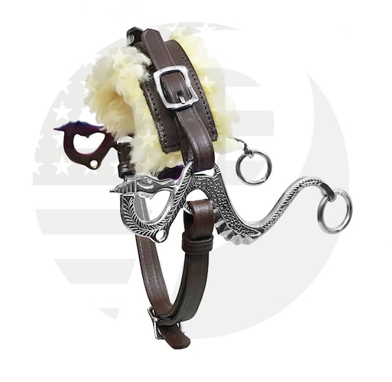DRAGON Hackamore Bitless Horse Bit English Western Brown Leather with Genuine Fur