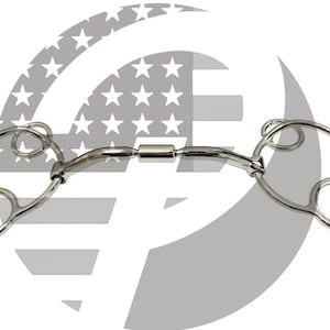 May include: A silver-colored metal horse bit featuring a central cylindrical joint and two complex side rings with multiple circular loops. The bit is constructed from polished stainless steel and is designed for equestrian use with a multi-ring configuration.