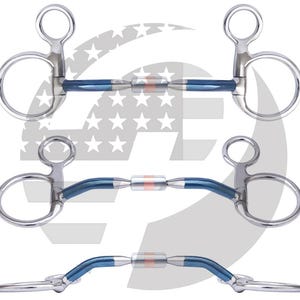 May include: A stainless steel horse bit featuring blue-colored metal bars and a central copper-colored roller. The bit includes two large rings on each side and a smaller upper ring for attachment, shown from three different angles in a single view.