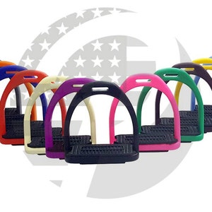 May include: A set of 10 colorful stirrup irons, each with a black tread. The stirrup irons are made of a durable plastic material and are available in a variety of colors, including red, orange, yellow, green, blue, purple, pink, white, and black.