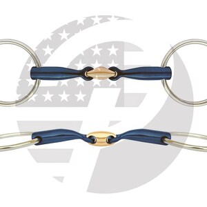 May include: A horse bit featuring two large silver-colored rings connected to a blue mouthpiece with a central gold-colored oval link. The design includes a straight view and an angled view of the same piece, showcasing the metallic finish.