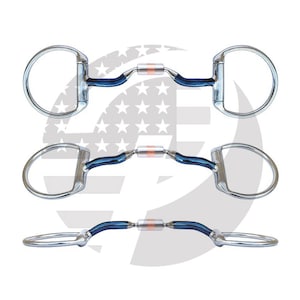 May include: A stainless steel D-ring horse bit featuring blue-colored curved shanks and a central copper-colored roller segment. The bit is displayed in three different angles, showing the circular rings and the jointed mouthpiece construction.