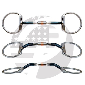 May include: A set of three horse bits featuring D-ring cheekpieces in polished silver metal. The mouthpieces consist of dark blue metal bars connected by a central copper-colored roller, showcasing straight, curved, and angled designs.