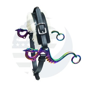 May include: A black leather horse bit with a rainbow dragon design. The bit has two rings on the side and a single ring on the bottom.