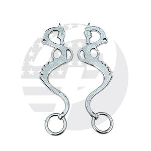 May include: A pair of silver horse bits with a dragon design. The bits are connected to rings at the end.
