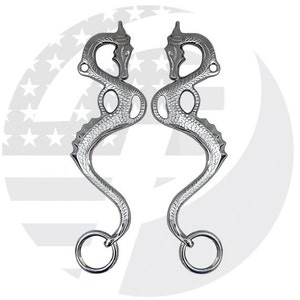May include: A pair of silver-toned horse bit mouthpieces shaped like seahorses. The mouthpieces have a textured surface and are connected to rings.