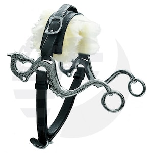May include: A silver horse bit with a dragon design, featuring a black leather headstall with a sheepskin lining.