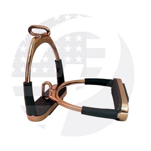 May include: A pair of rose gold stirrup irons with black rubber grips. The stirrups have a traditional design with a rounded top and a flat bottom.