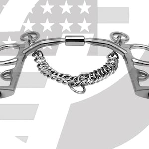 May include: A stainless steel horse bit featuring a central cylindrical mouthpiece, two side shanks with multiple rings for rein attachment, and a metal curb chain suspended between the lower shanks to provide leverage and control during riding.