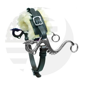 May include: A silver dragon bit horse bit with a leather headstall. The headstall is lined with white sheepskin.