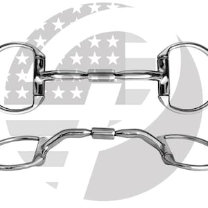 May include: A stainless steel horse bit featuring two large circular rings connected by a straight, jointed mouthpiece with a central barrel link. The metal surface is polished and reflective, showing two distinct angles of the same equestrian equipment.