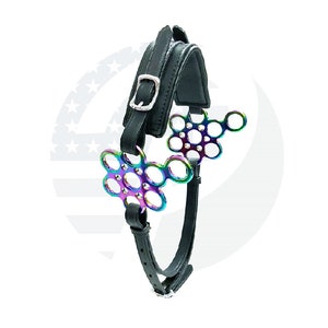 May include: Black leather horse bridle with a rainbow colored metal bit. The bit has a flower-shaped design with multiple rings.