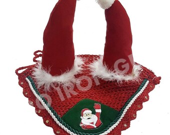 Santa Claus Horse Ear Bonnet Fly Veil Crochet Equestrian with Piping Full/COB/Pony