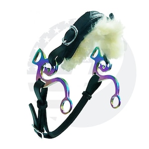 May include: A black leather horse bit with a white sheepskin noseband. The bit is made of stainless steel and has a rainbow finish.
