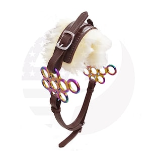 May include: A brown leather horse bridle with a fleece noseband and a rainbow colored metal bit.