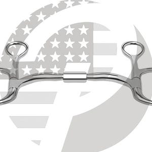 May include: A silver-colored metal horse bit featuring a central jointed mouthpiece with a smooth, cylindrical center section. The bit includes two large, circular rings on the outer ends and two smaller, elevated rings positioned above the main rings.