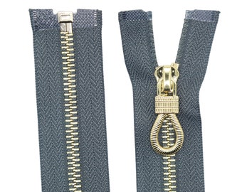 Tip#5 Metal Zipper Gold Teeth | Gray | 4 inch-29.5 inch Size |Fashion Zipper,DIY Handcraft, Coat Jacket Zippers, Jacket Zipper