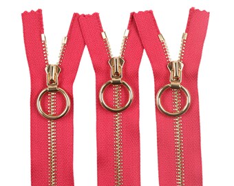 5 Pcs Tip #5 Gold Metal Zipper, Fuchia Color, 6-40 inches sizes, High Quality, Handcraft zippers, cloth zipper, lightweight zipper