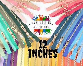 12 inch Tip #5 Gold Metal Zipper, 12 inches sizes, Available in 78 colors, High Quality, Handcraft zippers, cloth zipper, lightweight zipper